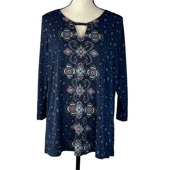 Croft & Barrow Large Top 3/4 Sleeve Stretch Keyhole Neck Leopard Print Navy Blue - Picture 1 of 8